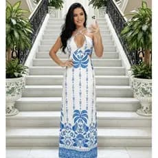 Vestido Longo Feminino Estampa Exclusiva Luxo Bojo Alças Regulavel Fenda Lateral Tropical Verao 2026