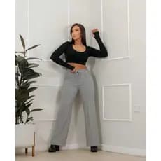 calca feminino pantalona tecido lanzinha cintura alta con bolso