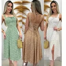 Vestido Femininino Estampado Floral Mídi romântico Confortavel Alça e Elastex nas Costas Tecido Premiun Verao 2026