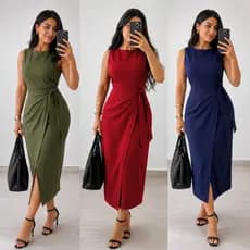Vestido Feminino Amarração Lateral Alfaiataria Regata Midi Zíper nas Costas Social Elegante PMG Look Moda Evangélica