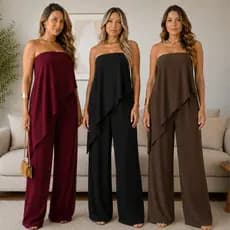 Macacão Feminino Longo Pantalona Elegante Premium Assimétrico Duna Tomara Que Caia Solto Alfaiataria Social Moda Casual