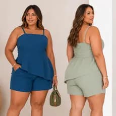 Conjunto Feminino Plus Size Elegante e Casual Assimétrico Duna Blusa Elástico e Shorts Curto Moda Verão Confortável -