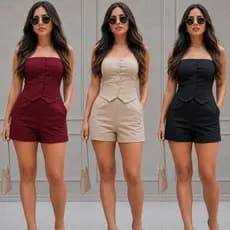 Conjunto Feminino Bia Alfaiataria Colete Tomara que caia com Botão Short com Bolsos Curto Social Elegante Moda Verão