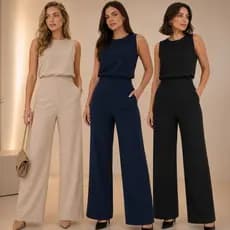 Conjunto Social Duna Feminino Mulher Elegante Blusa Regata Calça Pantalona com Elástico Alfaiataria Moda Outono Inverno