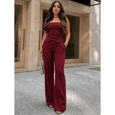 Conjunto Feminino Alfaiataria Cropped Tomara que Caia Social Calça Pantalona Blusa Elástico Lastex Botão Moda Verão