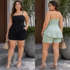Conjunto Feminino Plus Size Elegante e Casual Assimétrico Duna Blusa Elástico e Shorts Curto Moda Verão Confortável