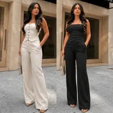 Conjunto Alfaiataria Cropped Tomara que Caia Social Elegante Calça Pantalona Blusa Elástico Lastex Botão Verão Moda