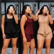 Conjunto Alfaiataria Feminino Elegante Plus Size e Slim Colete com Botões Shorts Moda Casual Social Verão Confortável