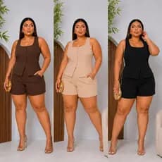 Conjunto Alfaiataria Feminino Elegante Plus Size e Slim Colete com Botões Shorts Moda Casual Social Verão Confortável -