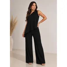 Conjunto Feminino Uma Alça Social Duna Mulher Elegante Blusa Nula Manga Calça Pantalona Alfaiataria Moda Outono Inverno