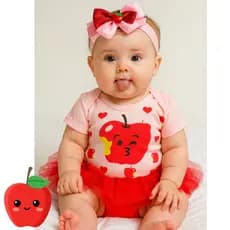 Body Bebê Frutinha + Laço Maçã – Roupa Bebê Algodão Mêsversario Temático