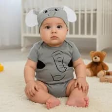 Body bebê Temático Mêsversario de Elefante– Suedine 100% Algodão, Manga Curta, P ao G