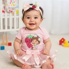 Body bebe Fantasia Mesversario Menina da Moranguinho Boneca - Suedine 100% Algodão