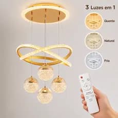Lustre de Teto Nórdico Luxuoso LED 3 Cores Bivolt 110V-220V para Sala de Jantar e Estar