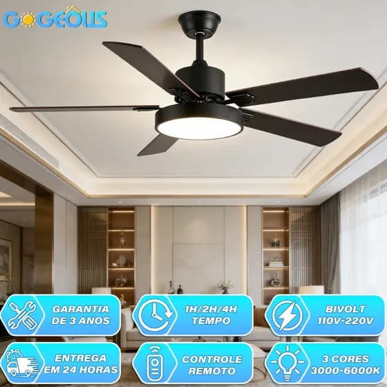 Ventilador de Teto 110V-220V com Luz e Controle Remoto 42/48/52 Polegadas Motor CC Reversível Silencioso 3 Cores
