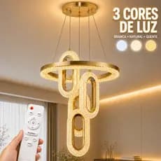 Lustre Pendente LED Cristal Luxo Moderno 3 Cores Com Controle Remoto Bivolt para Sala de Jantar Estar Quarto