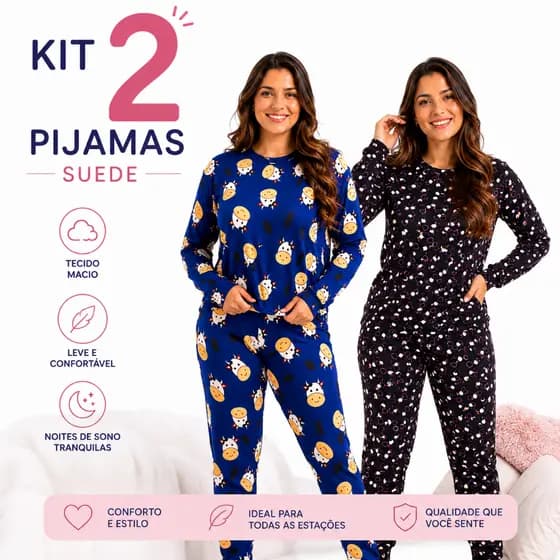 KIT 2 Pijamas De Frio De SUEDE  BLUSA LONGA+CALÇA AVELUDADA . ESTAMPAS VARIADAS