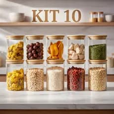 Kit 10 Pote de Vidro Com Tampa De Bambu porta mantimentos 200ml  Temperos cozinha herméticos pequeno