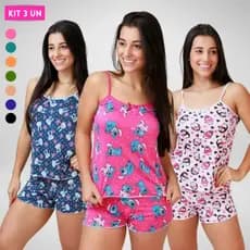 3, 2 ou 1 Pijama Baby Doll Feminino Short Doll Estampados Pijama Feminino Roupa De Dormir