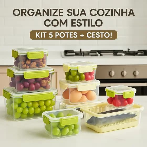 Kit 5 Potes Plásticos com Tampa + Cesto Organizadores Cozinha Geladeira Armário - Cores Sortidas