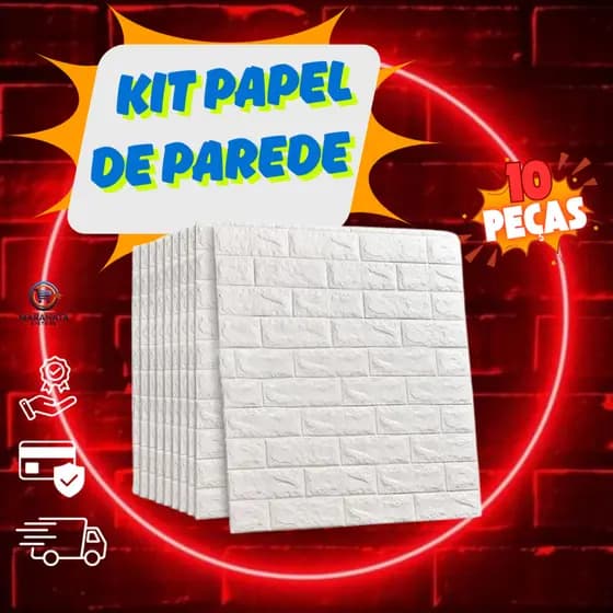 Papel de Parede Auto Colante Decorativo Tijolinho 3D 77x70 KIT 10 Peças Cores Preto e Branco