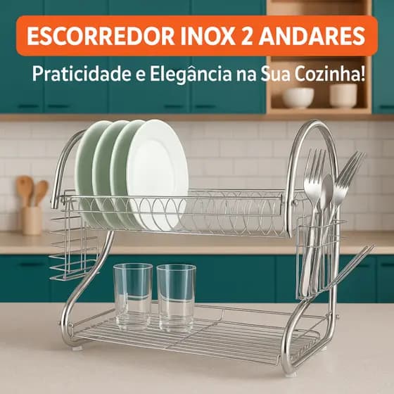 Escorredor Inox 2 Andares p/ Louça com Porta Copos e Talheres