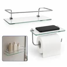 Kit Porta Shampoo Reto Veneza Prateleira Vidro 30cm + Papeleira com Porta Objetos Porta Celular