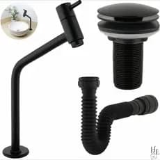 Kit Banheiro em ABS- Torneira Bancada Link+ Ralo Válvula Click 7/8 Preta + Sifão Flexível Universal