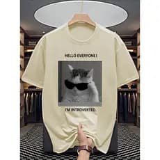 Camiseta Masculina 100% Algodão Estampa de Gato e Letras "Fingindo Ser Socialmente Desajeitado", Versátil, Casual