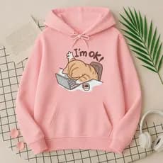 Moletom Feminino Canguru Estampa I'm Ok Gatinho Inverno Liso Estiloso com Capuz Grosso