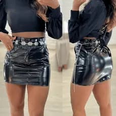 MINI SAIA VINIL PRETA FEMININA RETA COM BOLSO SENSUAL FESTA BALADA