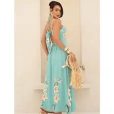 Vestido de verão em Viscolinho estampa floral tropical com fenda elegância casual