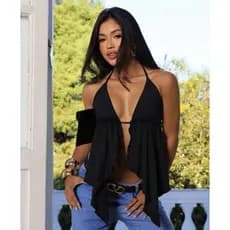 BATA BOHO TENDENCIA BLUSA CASUAL FEMININA FRENTE UNICA ASSIMETRICA BABADO DE PONTA COSTA NUA BOHO CHIC
