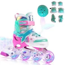 Patins Inline Infantil Meninas Verde Sereia Com Protecao Com LED Roller Reto Meninos Criancas