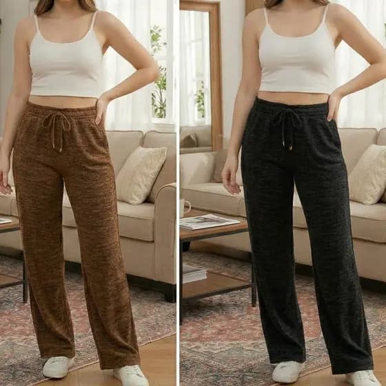 kit 2 Calça Pantalona Lanzinha  Malha Ribi Canelada Cintura Alta com Bolso Funcional para Inverno/Meia Estação
