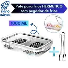 Pote Hermético Com Pegador de Frios Porta Frios Com Escorredor Trava Tampa 2 Divisórias Retangular