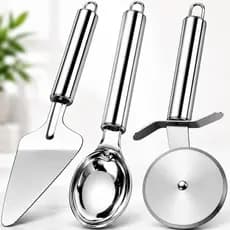 Kit 3 Em Inox Colher De Sorvete/Açaí Carretilha Cortador De Pizza E Espátula De Bolo
