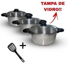 Kit 3 Caçarolas de Alumínio Polido Craquelado com Tampa De Vidro – Nº 16, 18 e 20