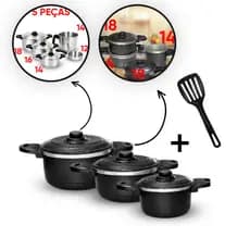 Kit 3 Caçarolas Alumínio Craquelado Granito 14cm 16cm 18cm + Espátula Preta com Tampas