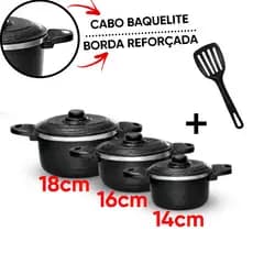 Kit 3 Caçarolas Alumínio Craquelado 14cm 16cm 18cm + Preta com Tampas