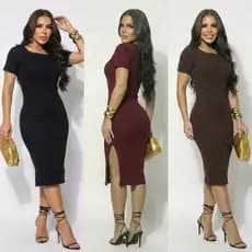Vestido Feminino Midi com Fenda Lateral Tecido Canelado Premium