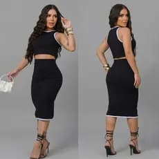 Conjunto Saia e Cropped Feminino Midi Com Fenda Lateral Tecido Canadinho Anarruga