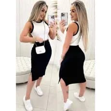 Conjunto Saia e Top Cropped Feminino Canelado Moda Gringa Bloguerinha