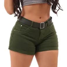 Shorts Jeans Feminino Cintura Alta Verde Militar Com Cinto Bermuda Feminina Short Curto