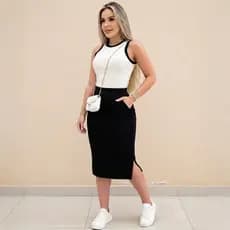 Conjunto Saia e Cropped Feminino Com Fenda Lateral Saia Midi Canelada Feminina