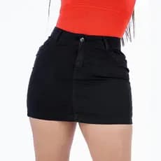 Saia Jeans Feminina Curta Com Lycra Cintura Alta Mini Saia Preta