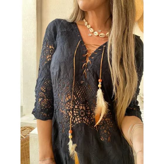 Moda Praia Feminina Chemise /Saida de Praia Chic Boho Elegante /Veestido Renda Bata  2814