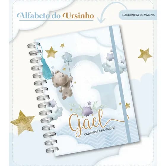 Caderneta de Vacinação Personalizada Ursinho Azul com Nome | Capa Dura Luxo Tassel Acrílico