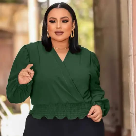 ✨ Blusa Social Plus Size G1 Transpassada Duna | Gola V | Lastex Cintura e Manga | Veste 48 ao 50 | Modelo Perfeito & Con