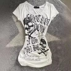 Top Feminino Vintage Estilo Punk Rock com Estampa de Caveira, Manga Curta e Efeito Emagrecedor 2026 MSDV